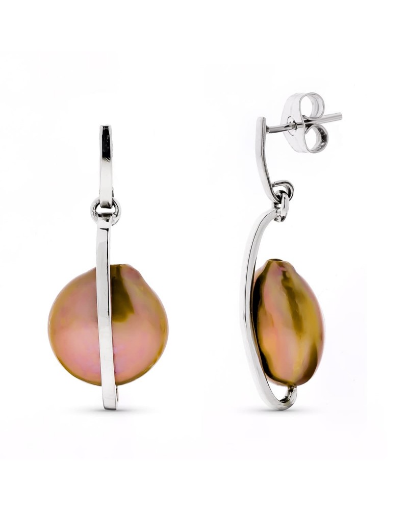 Pendientes oro blanco 18k largos perla chocolate presión