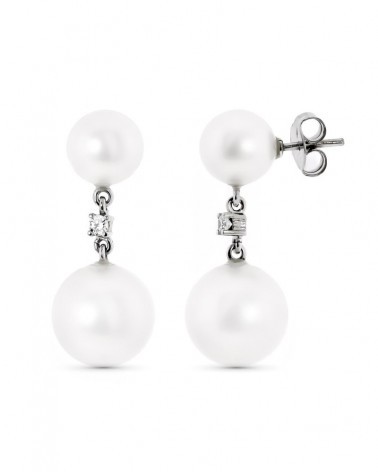 Pendientes oro blanco 18k perlas dobles circonita