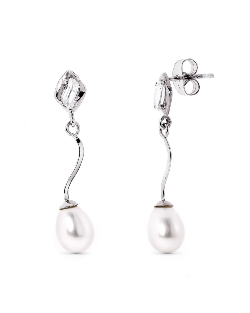 Pendientes oro blanco 18k perla circonita cierre presión