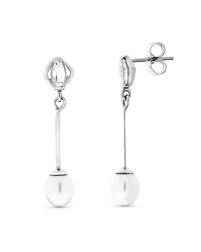 Pendientes oro blanco 18k largos con perlas cierre presión