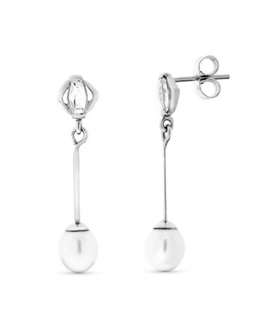 Pendientes oro blanco 18k largos con perlas cierre presión