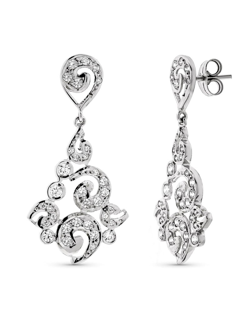 Pendientes oro blanco 18k largos filigrana cierre presión