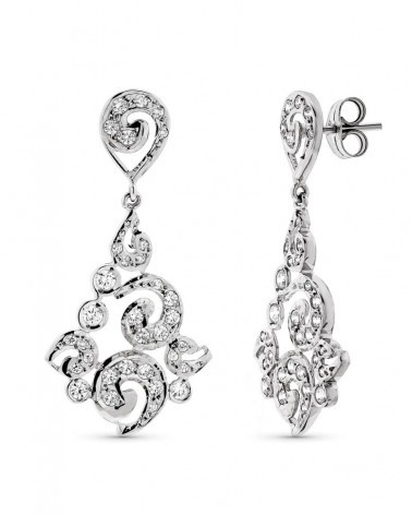Pendientes oro blanco 18k largos filigrana cierre presión