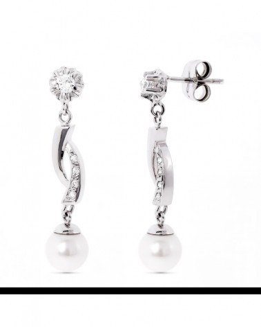 Pendientes oro blanco 18k perla circonita cierre presión