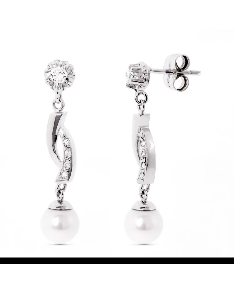 Pendientes oro blanco 18k perla circonita cierre presión