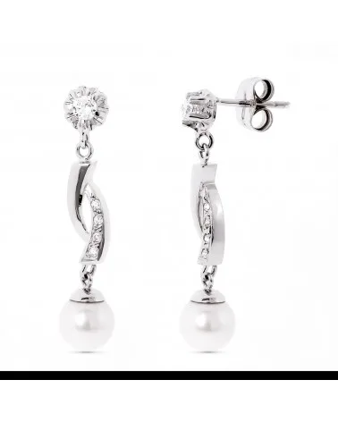 Pendientes oro blanco 18k perla circonita cierre presión