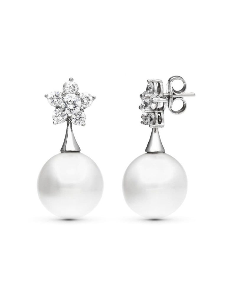 Pendientes oro blanco 18k perla circonita flor 14mm