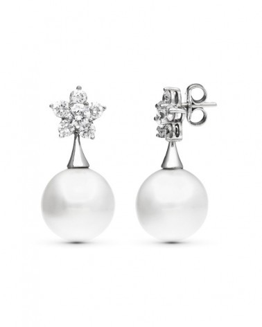 Pendientes oro blanco 18k perla circonita flor 14mm