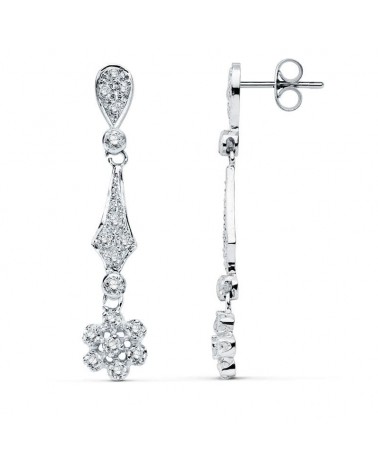 Pendientes oro blanco 18k largos circonita 37 mm