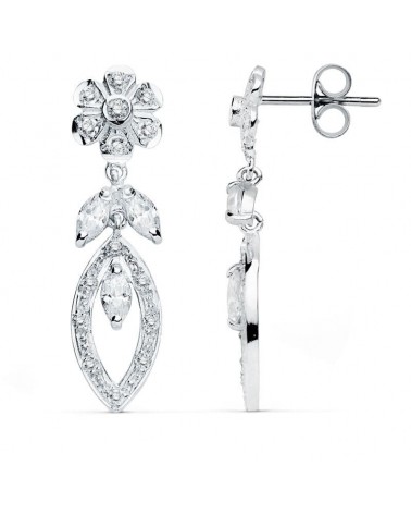 Pendientes oro blanco 18k colgantes flor circonitas
