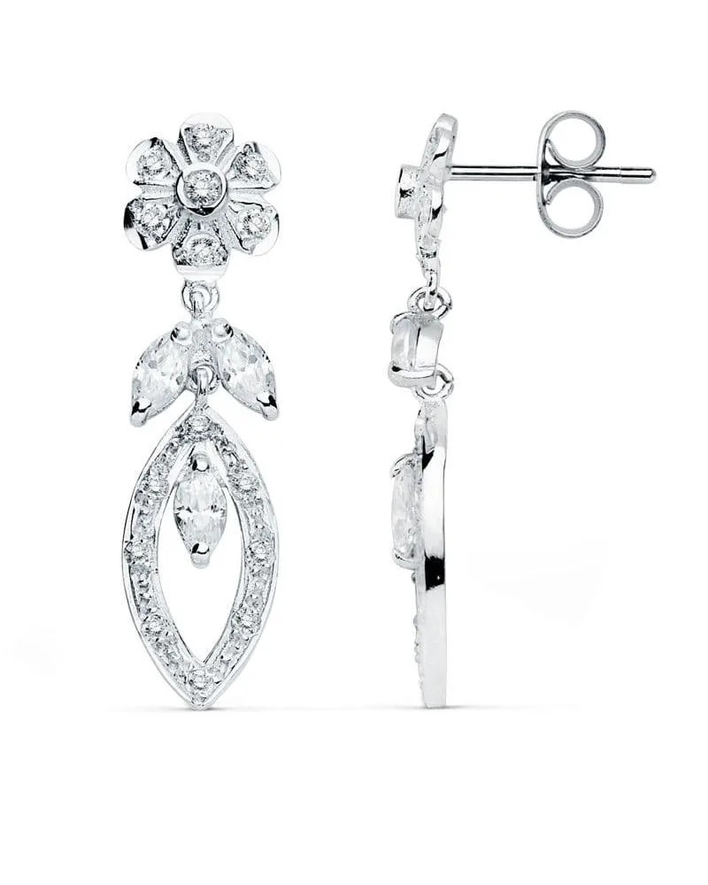 Pendientes oro blanco 18k colgantes flor circonitas
