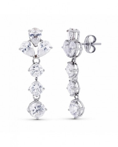 Pendientes oro blanco 18k largos circonitas 30x11mm