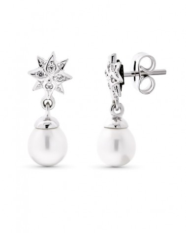 Pendientes oro blanco 18k estrella perla 18x7mm