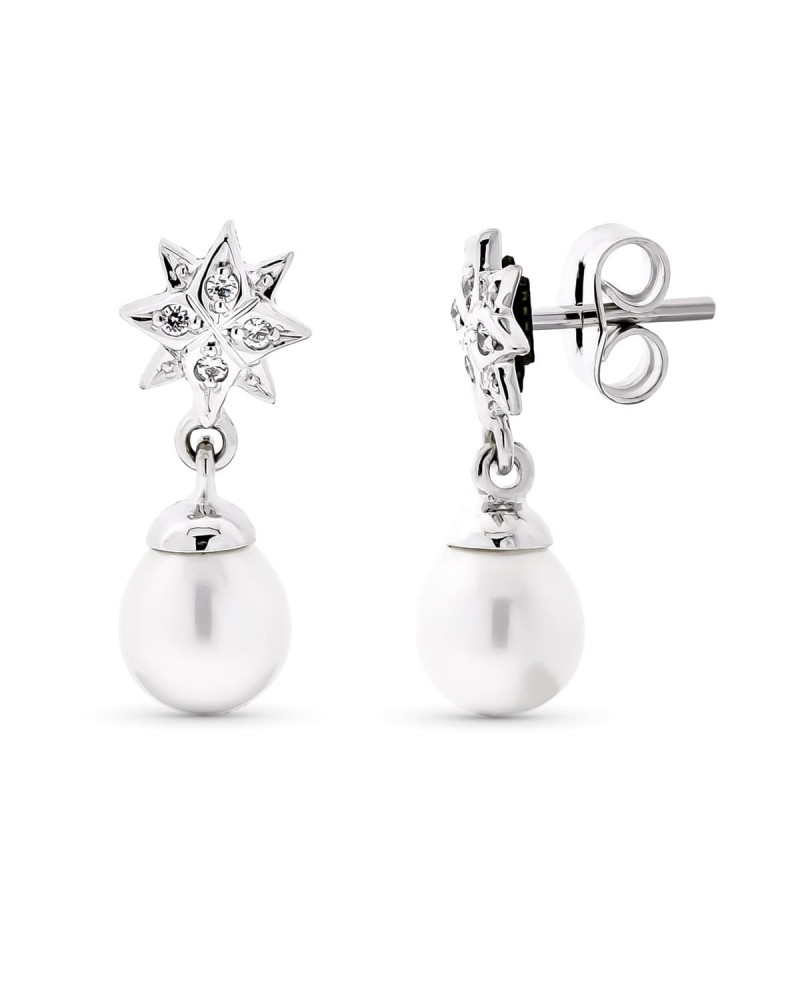 Pendientes oro blanco 18k estrella perla 18x7mm