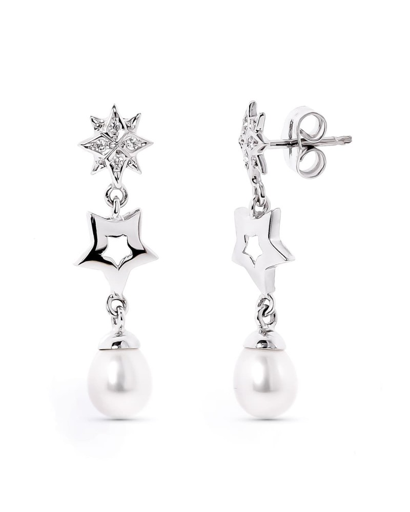 Pendientes oro 18k blanco estrellas perla circonita