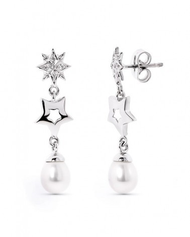 Pendientes oro 18k blanco estrellas perla circonita