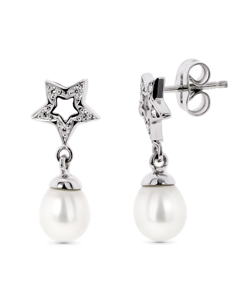 Pendientes oro blanco 18k estrella circonita perla