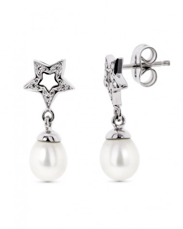 Pendientes oro blanco 18k estrella circonita perla