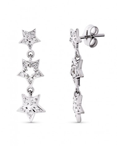 Pendientes oro blanco 18k estrellas circonita largos