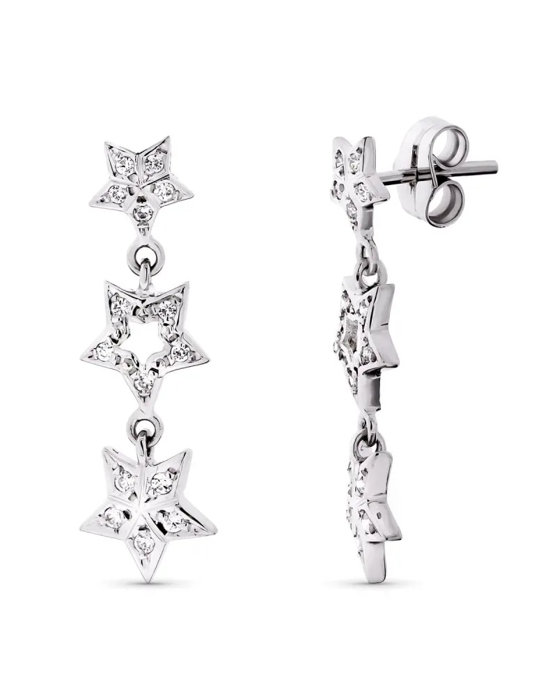 Pendientes oro blanco 18k estrellas circonita largos