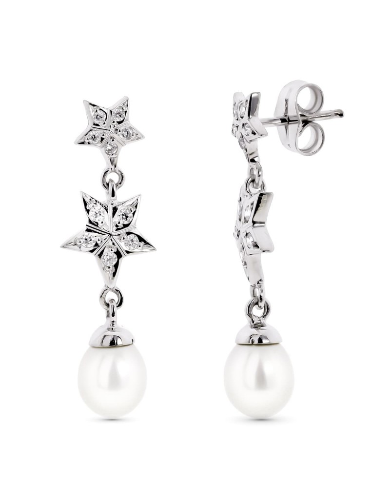 Pendientes oro blanco 18k estrellas perla cierre presión