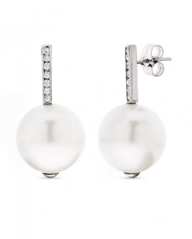 Pendientes oro blanco 18k perla circonita cierre presión