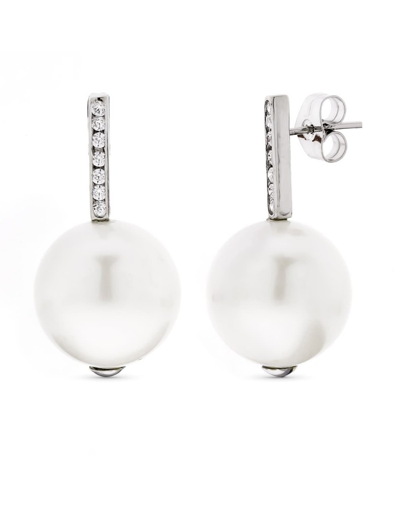 Pendientes oro blanco 18k perla circonita cierre presión