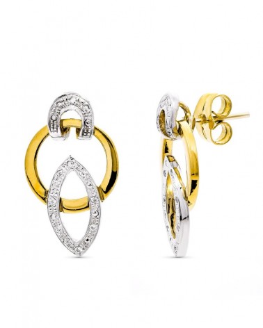 Pendientes oro 18k bicolor circonita cierre presión