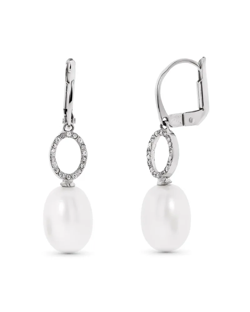 Pendientes oro blanco 18k perla y circonita cierre catalán
