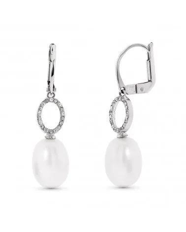 Pendientes oro blanco 18k perla y circonita cierre catalán