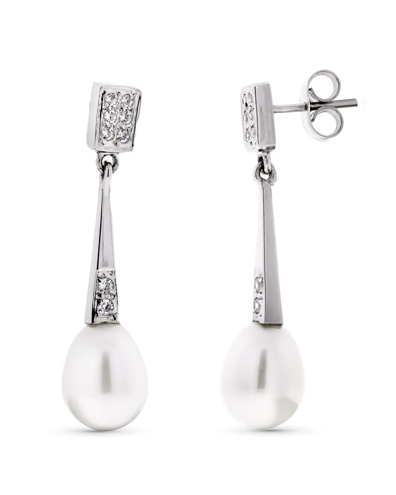 Pendientes oro 18k blanco perla y circonita largos