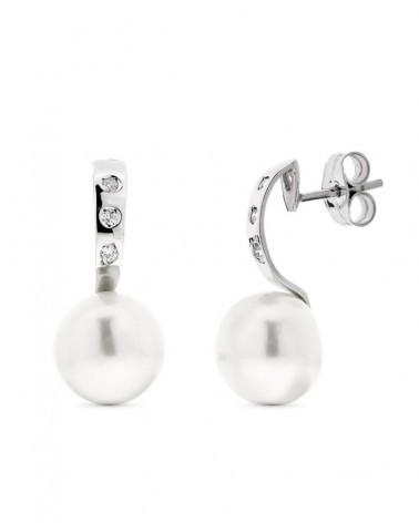 Pendientes oro blanco 18k perla botón circonita cierre presión