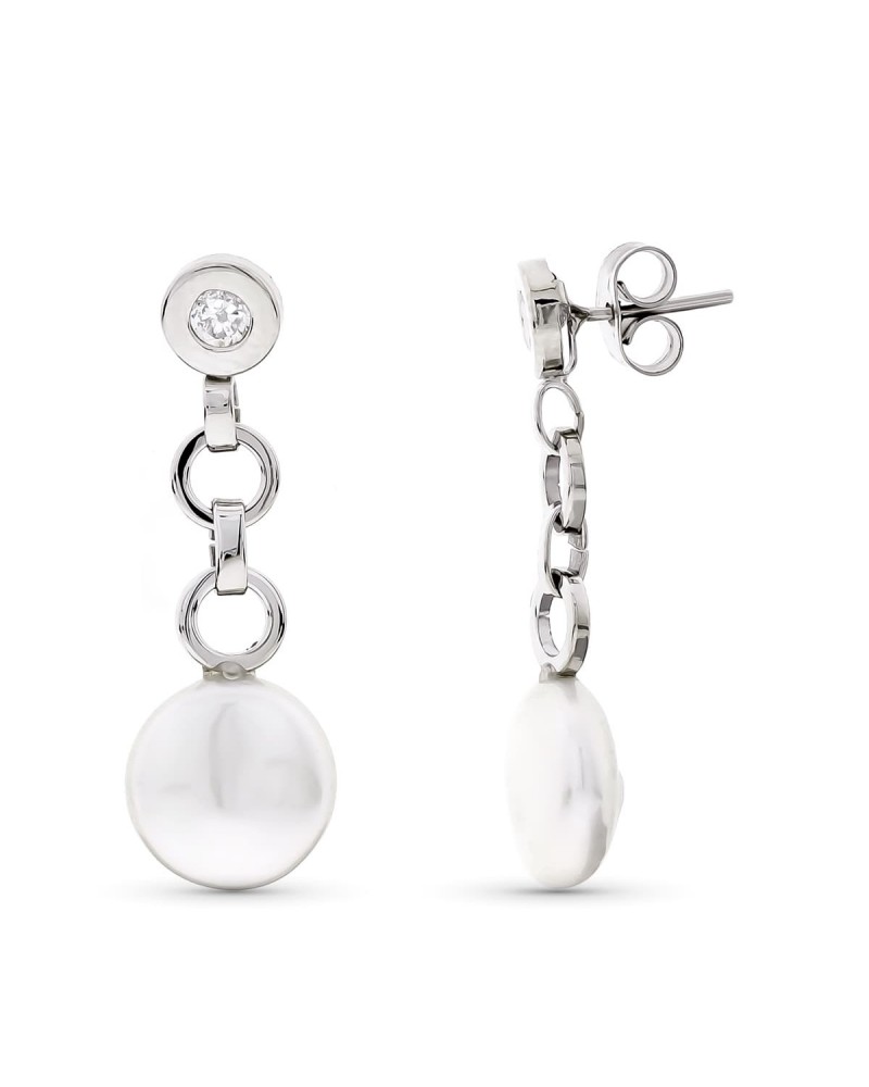 Pendientes oro blanco 18k perla circonita largos
