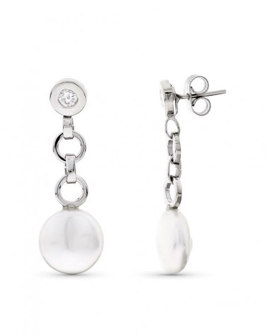 Pendientes oro blanco 18k perla circonita largos