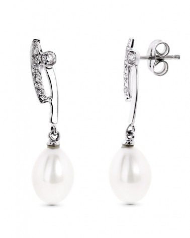 Pendientes oro blanco 18k perlas circonita largos