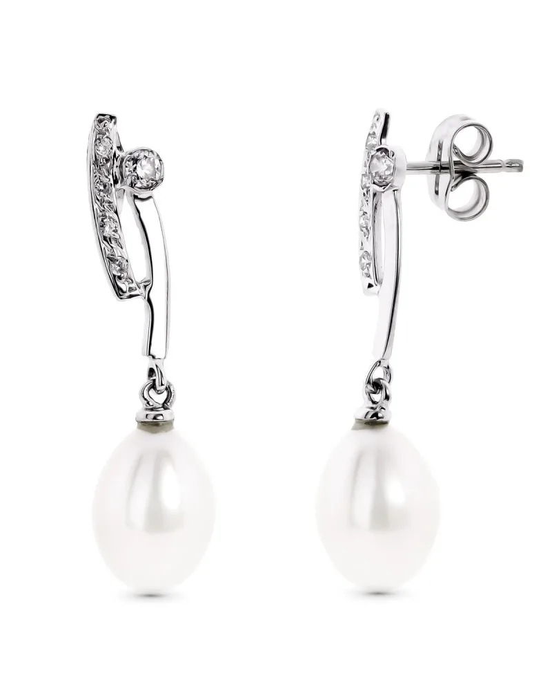 Pendientes oro blanco 18k perlas circonita largos
