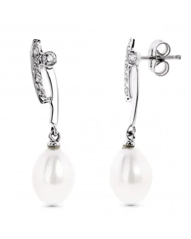 Pendientes oro blanco 18k perlas circonita largos