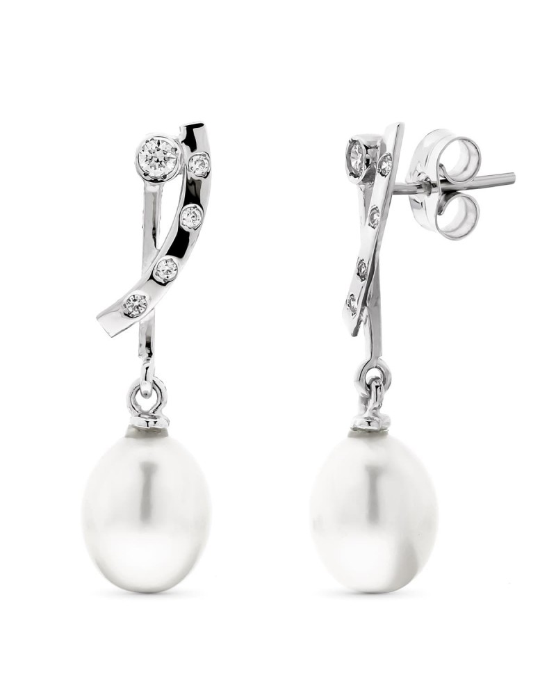 Pendientes oro 18k blanco perla circonita largos