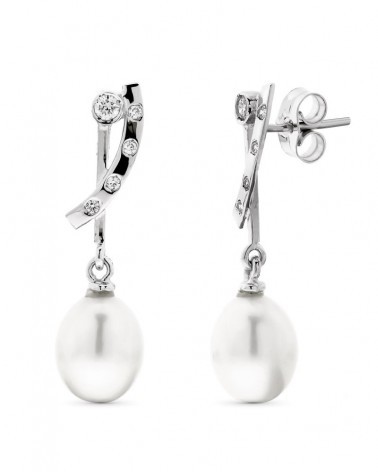 Pendientes oro 18k blanco perla circonita largos