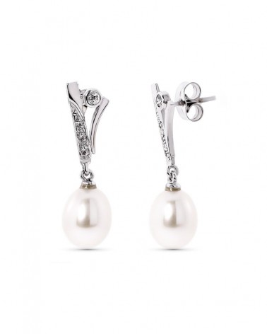 Pendientes oro blanco 18k perla y circonita cierre presión
