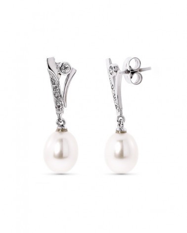 Pendientes oro blanco 18k perla y circonita cierre presión