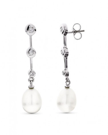 Pendientes oro blanco 18k largos perla circonita