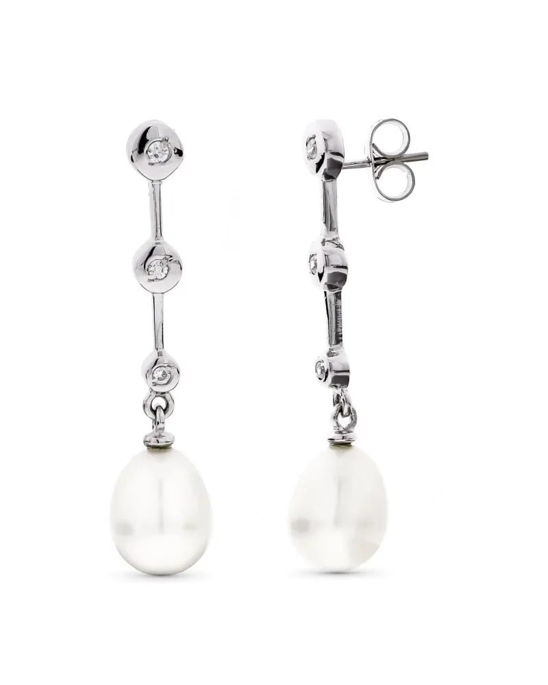 Pendientes oro blanco 18k largos perla circonita