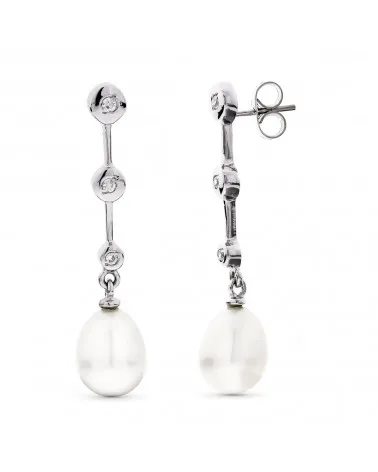 Pendientes oro blanco 18k largos perla circonita