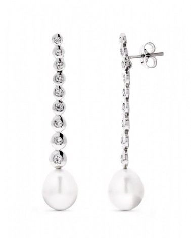 Pendientes oro blanco 18k largos perla circonita