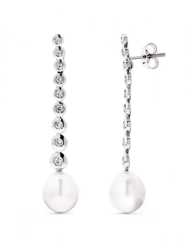 Pendientes oro blanco 18k largos perla circonita