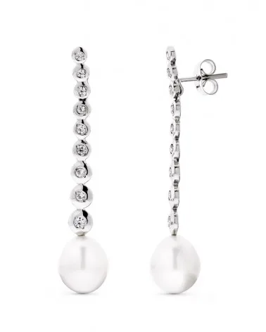 Pendientes oro blanco 18k largos perla circonita