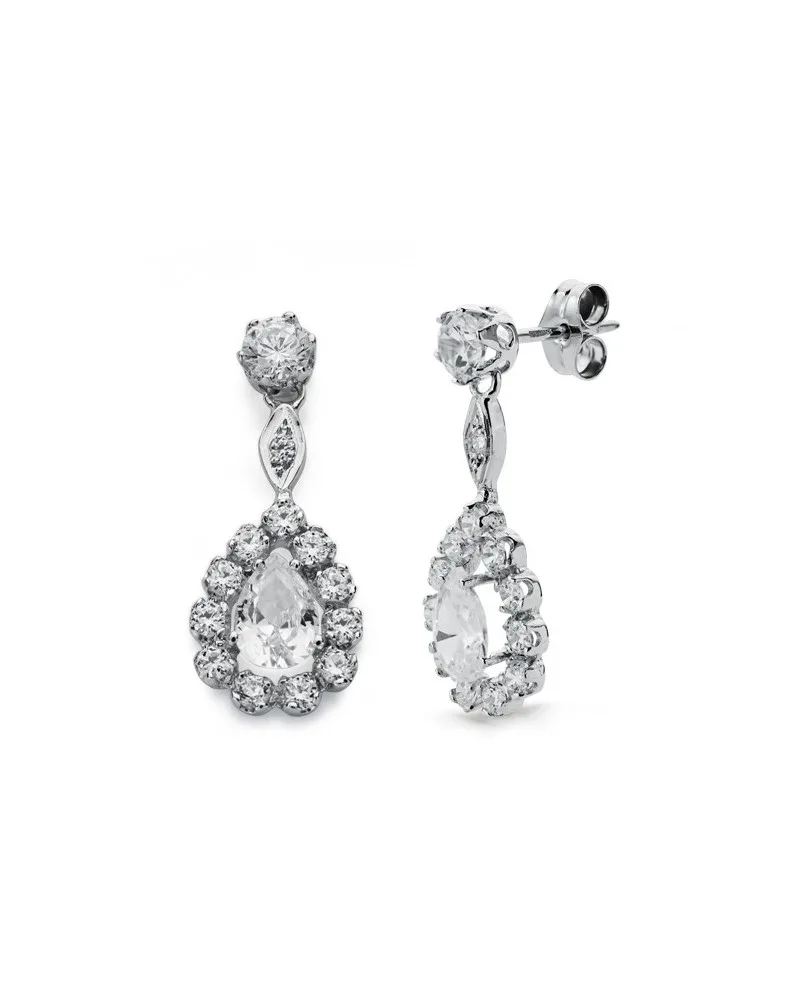 Pendientes oro blanco 18k largos circonita presión