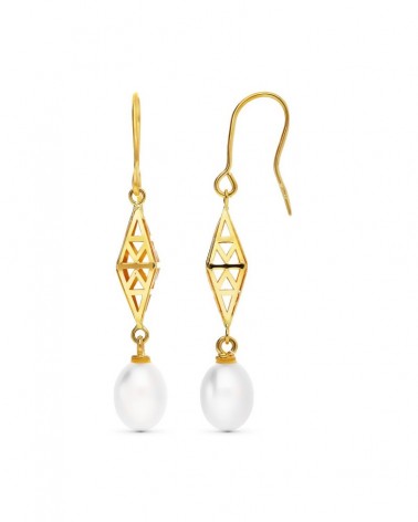 Pendientes oro 18k rombo geométrico perla cultivada