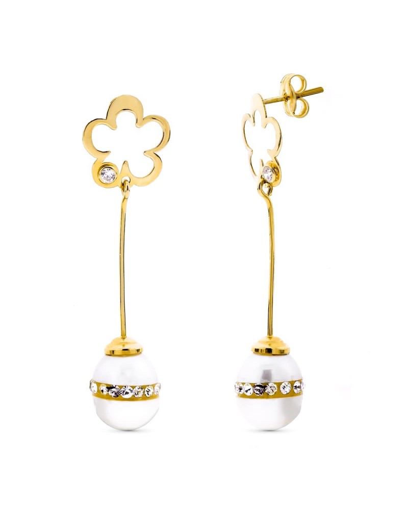 Pendientes oro 18k largos flor perla circonita